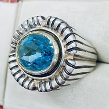 Vintage 925 Sterling Silver Oval Cut Blue Topaz Lines Ring Band Size 7 10.8g