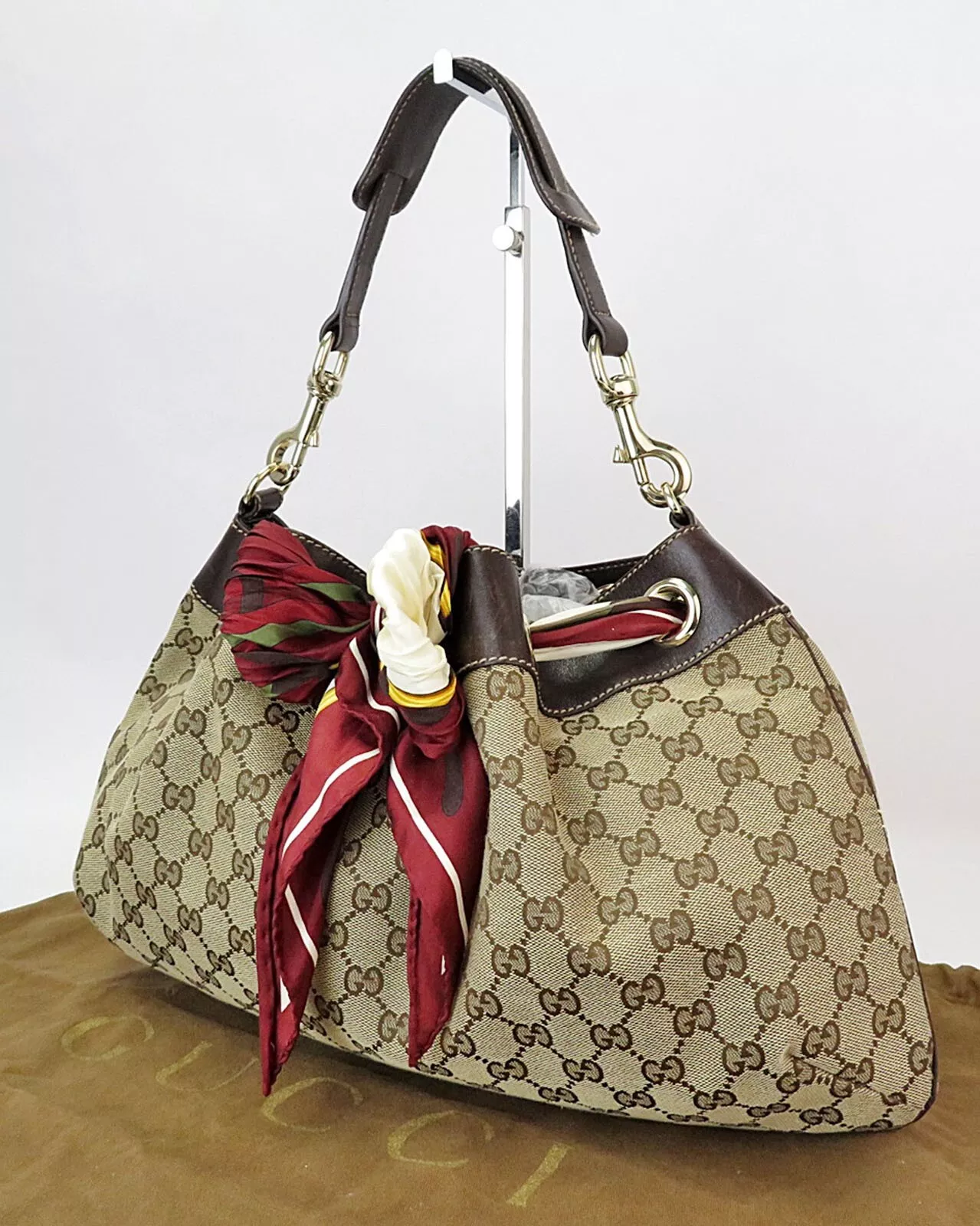 Authentique sac à main bandoulière GUCCI marron GG toile et postitano écharpe #60698