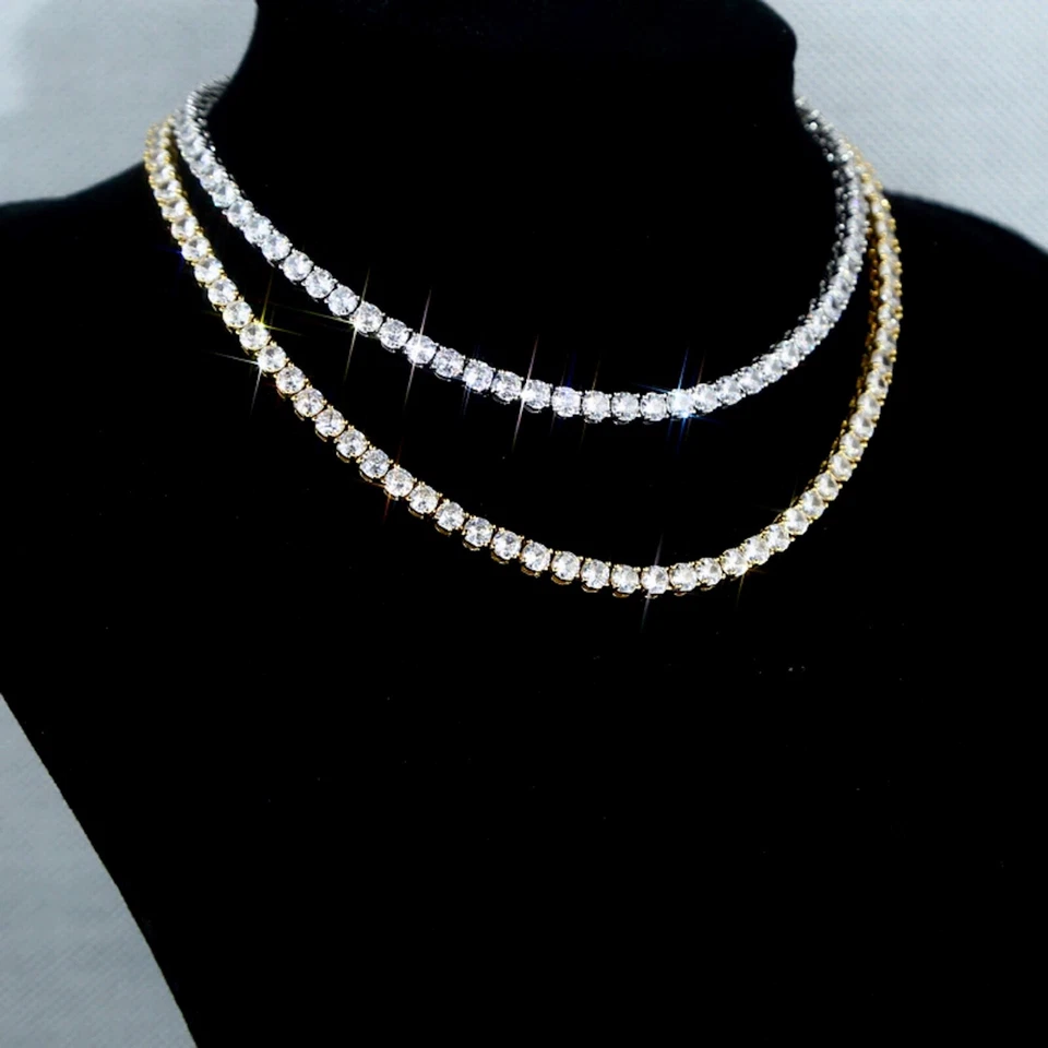 Collar de tenis redondo chapado en oro de 18k de 4 mm hecho con joya nupcial de cristal de Swarovski Foto 4 de 4