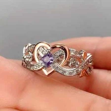 Fashion Shiny Purple Rhinestone Heart Ring Wedding Jewelry Gift Women Girl New
