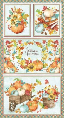 24'' X 44'' Panel Autumn Blessings Harvest Light Blue Cotton Fabric Panel D514.61