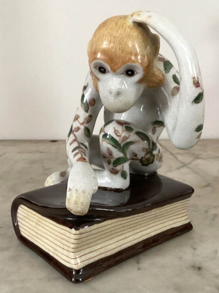 Chinoiserie Thinking Monkey on a Book Hua Rong Tang Zhi Porcelain