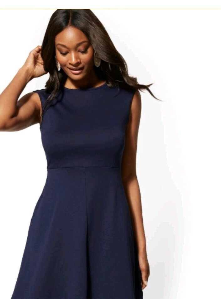 New York & CO Women's Sleeveless Fit and Flare Cotton Grand Navy Blue