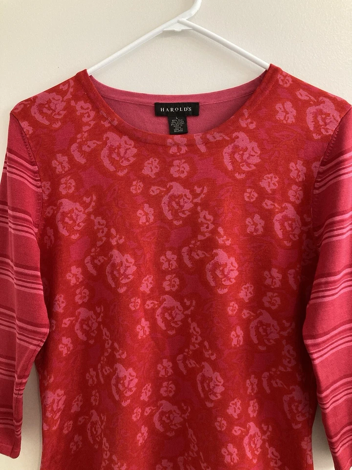 Pullover Harold's manga 3/4 mezcla de seda tejido floral para mujer talla L rojo rosa Foto 3 de 4