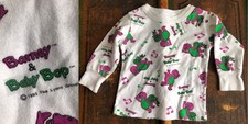 VTG 90s '93 BARNEY BABY BOP GRAPHIC TEE T-SHIRT WHITE GREEN PURPLE BABY'S GUC