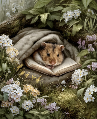 8x10 Hamster Reading Under Cozy Blanket Art Print - 386146867