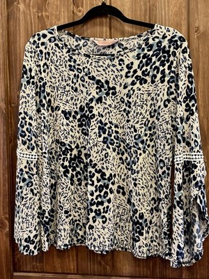 Amana Women Large Peasant Boho Crochet Lace Flare Sleeve Shirt Blouse Top Blue
