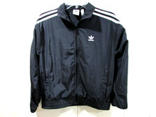 Adidas Windbreaker Jacket Youth Size M Full Zip Black w/ White Stripes EUC