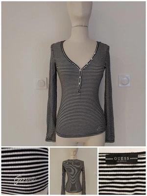 TEE-SHIRT RAYE MODERN FEMME A MANCHES LONGUES LOGO AUTHENTQUE GUESS T S/36 - Photo 1/4