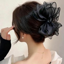 Black Organza Bow Claw Clip Graceful Large Women Cute Hairclips Daily Wear