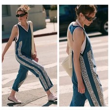 New FP movement Free People Blue skyline day trip Jumpsuit White lace Accent L