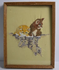 Vintage Framed Cat Kitten Reflection Crewel Embroidery Art