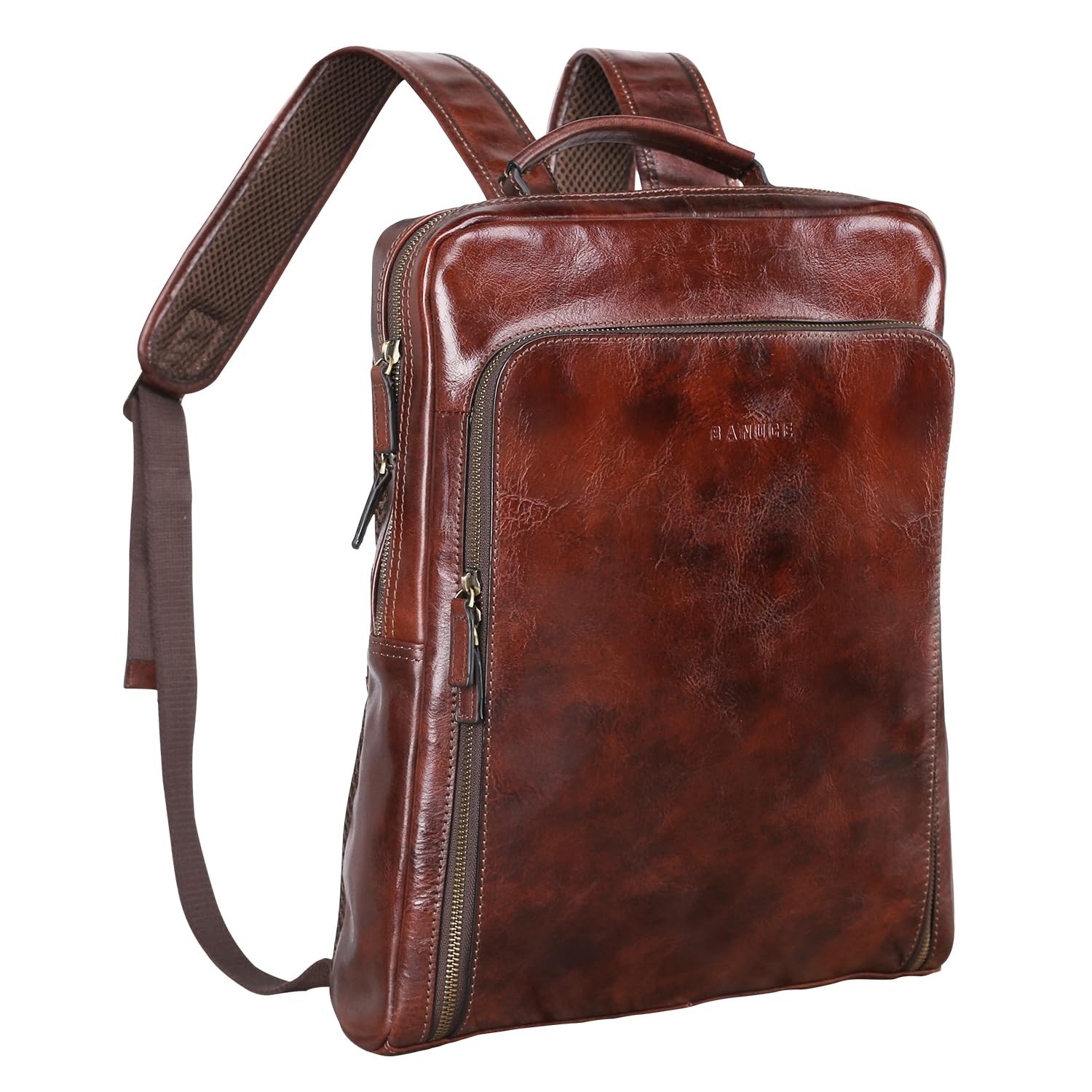 Vintage Italian Full Grain Leather Laptop Backpack for Men Business Travel  