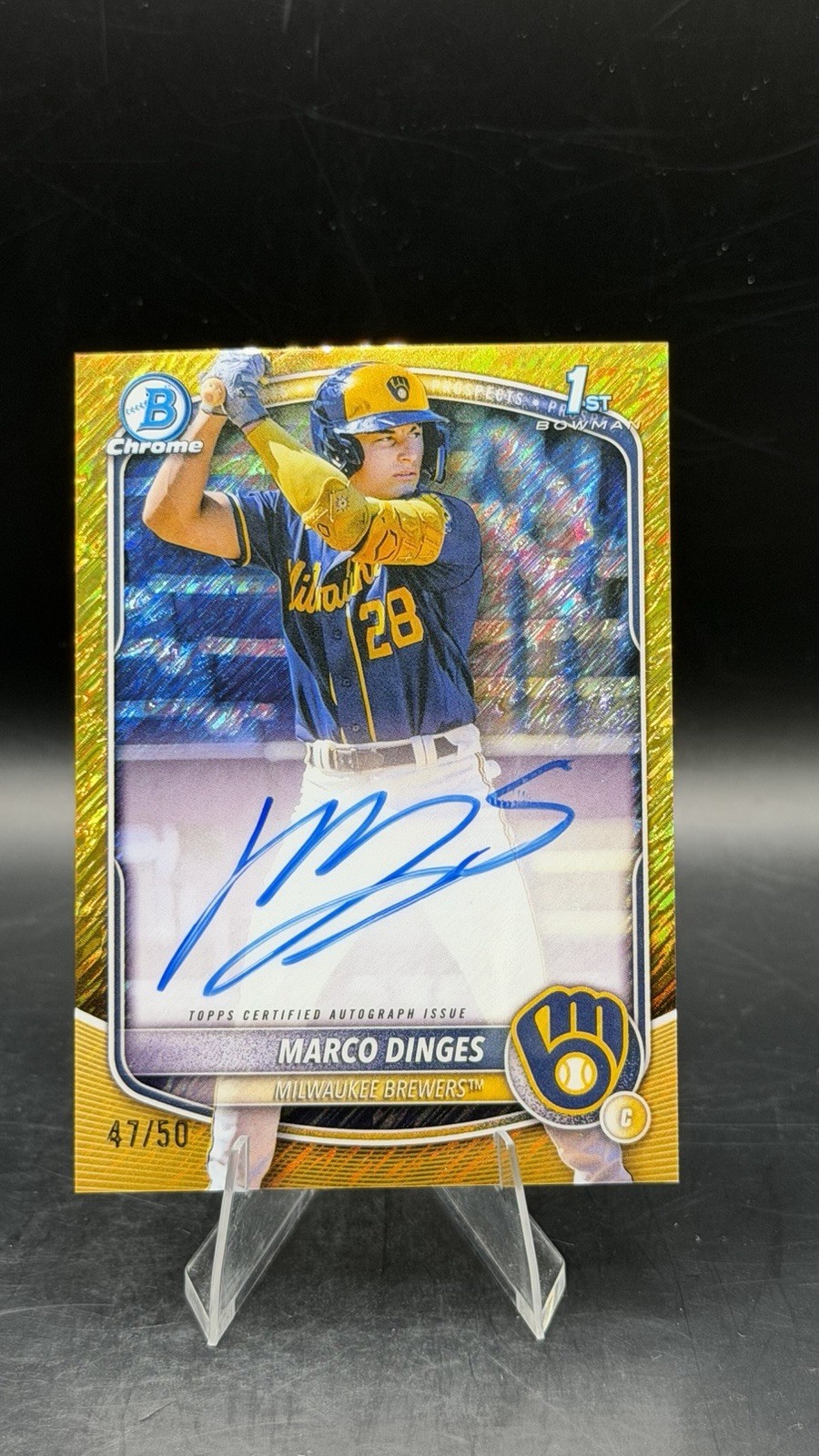 2025 Bowman Chrome Marco Dinges Auto Gold Shimmer Refractor 1st #/50 Brewers