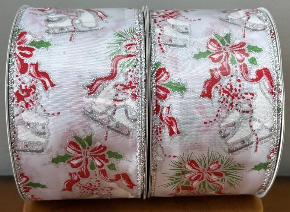 VTG Celebrate It HOLIDAY Wired Christmas Ribbon Red & Silver Glitter Ice Skates - Image 2 of 4