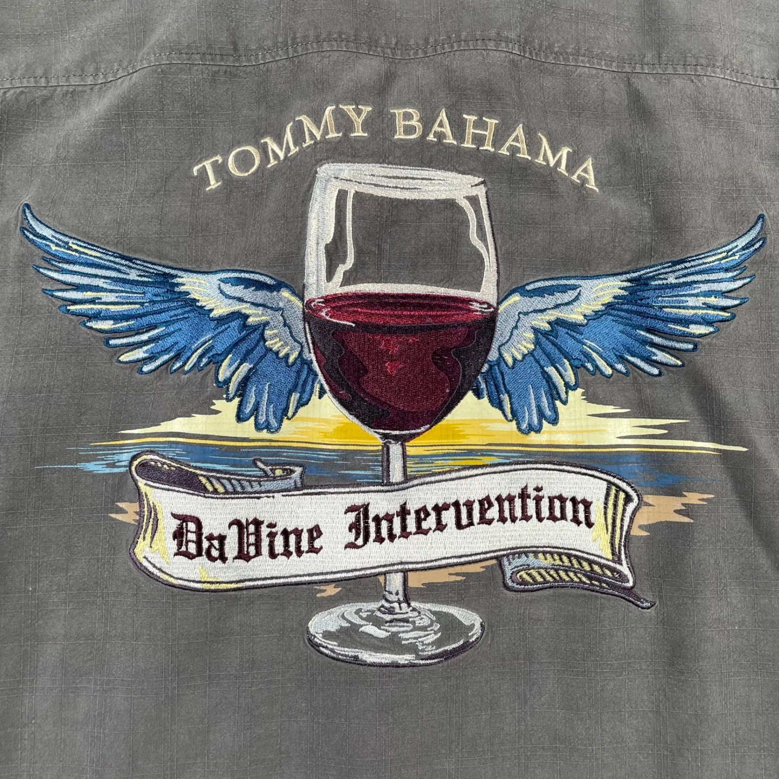 Tommy Bahama Mens Gray Silk DaVine Intervention Wine Winged Camp Shirt Large