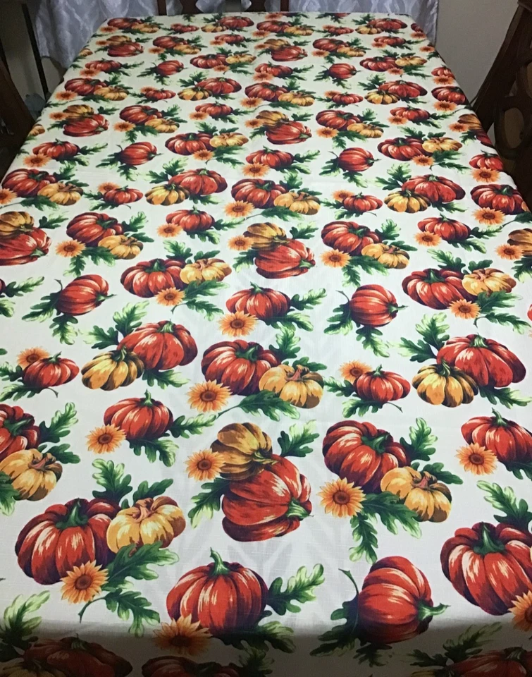 Fall Pumpkin and Sunflower Fabric Tablecloth Actual Measure 62 x 86" Farmhouse - Image 3 of 4
