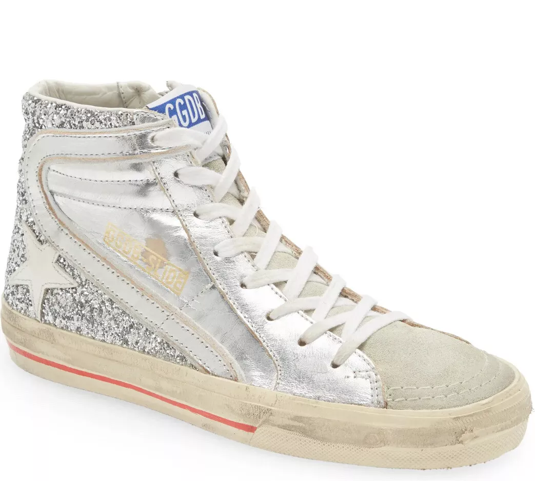 GOLDEN GOOSE Women s Slide High Top Sneakers Silver Glitter 37 7