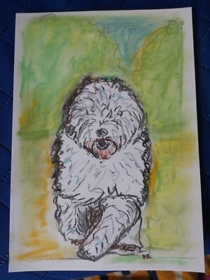 Alter Englischer Schäferhund Kohle Pastell Gemälde Zeichnung Illustration. A4 Größe 