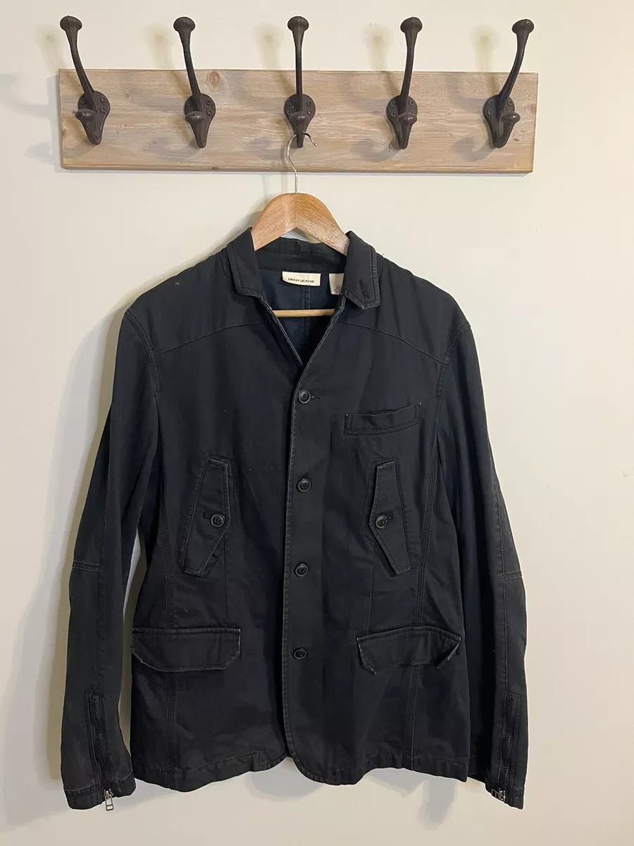 DKNY Jeans Blazer Mens Jacket Zipper Cuff Detail Black Medium Cotton Excellent