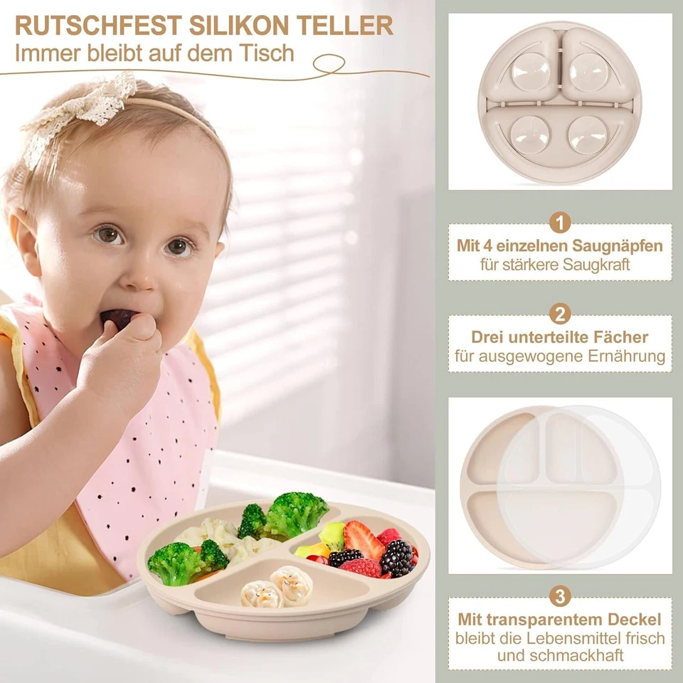 Baby Geschirrset 7-teilig mit Saugnapf Rutschfest Silikon Kind Beige B499 - Bild 3 von 4