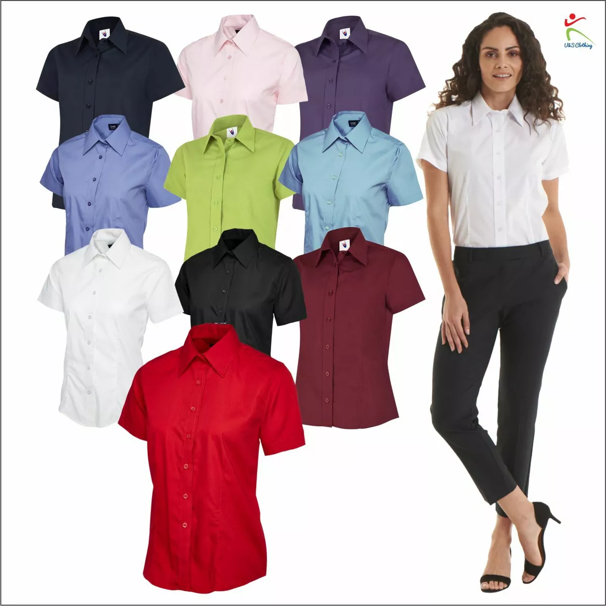 Womens Short Half Sleeve Poplin Shirt Formal Office Work Wear Uniform  Ladies TOP | eBay