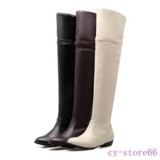 2024 Womens Low Heels Leather Over the Knee Long Knight Boots Flats Riding Shoes