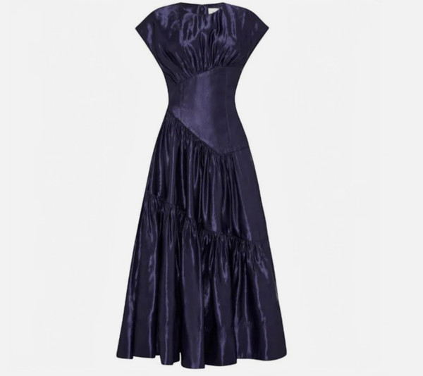 Aje Serendipity Reflection Dress Navy Blue Midi Tiered Cap Sleeve A-Line Size 12