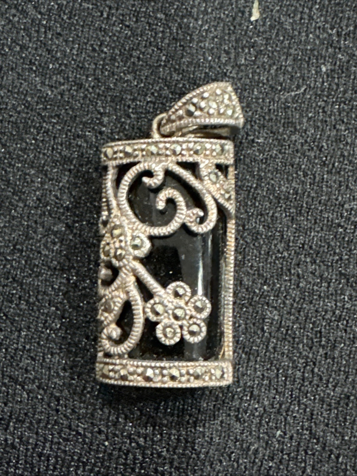 925 Sterling Silver Marcasite Rectangular Black O… - image 5