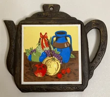 Vintage Seven Star Cast Iron Teapot Trivet w/Ceramic Tile – Fruit Still Life