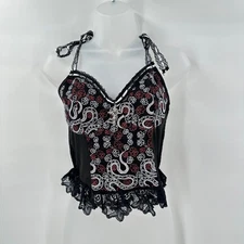 Whimsigoth Lace Corset Cami Top Black Red White Floral Cross Pendant Y2K Gothic