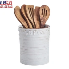 Stoneware Utensil Crock W/ Acacia Wood Tools Kitchen Storage Organizer 77oz New