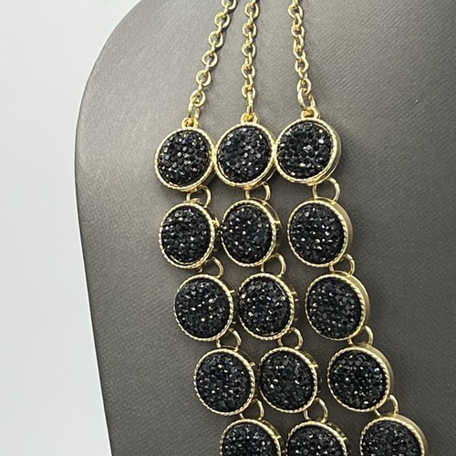 Ann Taylor Factory Gold Tone Black Stones Sparkle 3 Rows Necklace - Picture 4 of 10