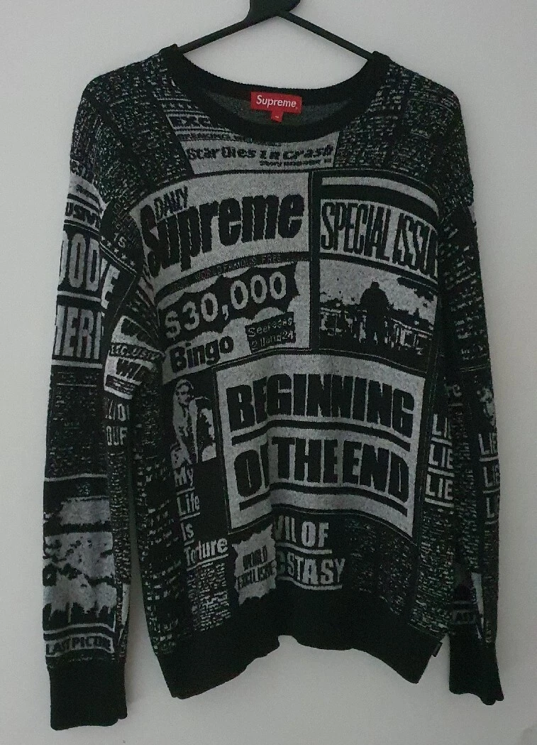 FW18 Supreme Newsprint black Sweater Size M medium jumper Newspaper merino wool