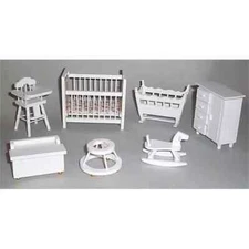 Dolls House  White Nursery 7 piece Furniture Set Miniature Babies  Room