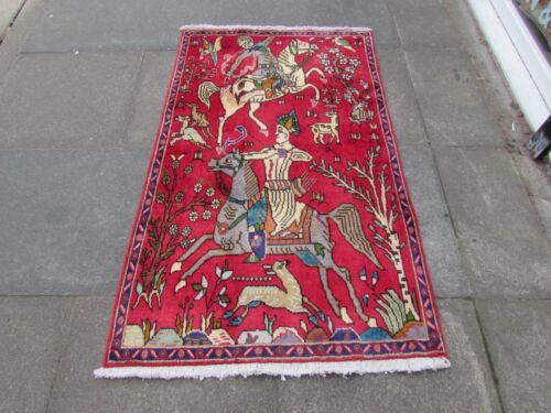 Vintage Hand Made Traditional Oriental Wool Red Small Rug 148x93cm Hunting - Afbeelding 1 van 12