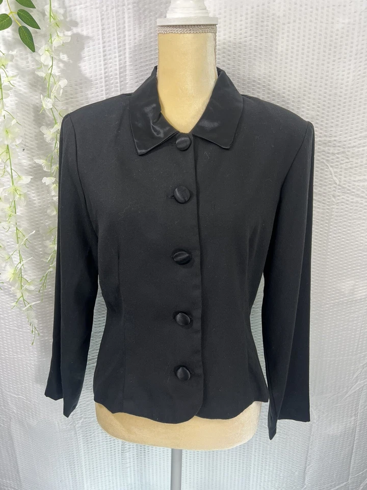 Vintage 90s Jonathan Martin Womens Black Satin Collared Fitted Blazer Size 11 - Image 2 of 4