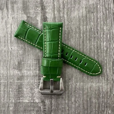 Pour OFFICINE PANERAI Bracelet De Montre En Cuir Grain Vert De 24 Mm PAM - Photo 1/4