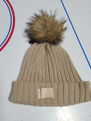 Calvin Klein Tan Knit Faux Fur Pom Pom Ski Beanie Winter Hat Cap