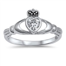 Celtic Claddagh Ring Sterling Silver 925 Clear CZ Face Height 10 mm Size 4 - 10
