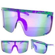 Oversized RETRO SPORTY WRAP AROUND Shield SUN GLASSES Huge Green Purple Frame