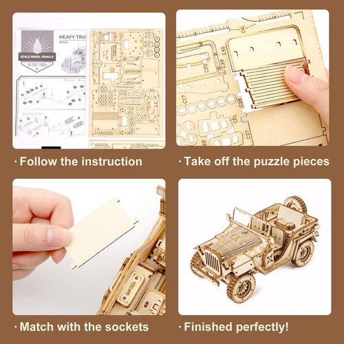 ROBOTIME Army Field Car Building Toys 1:18 Wooden Model 3D Puzzle for Adult kid - Picture 6 of 7