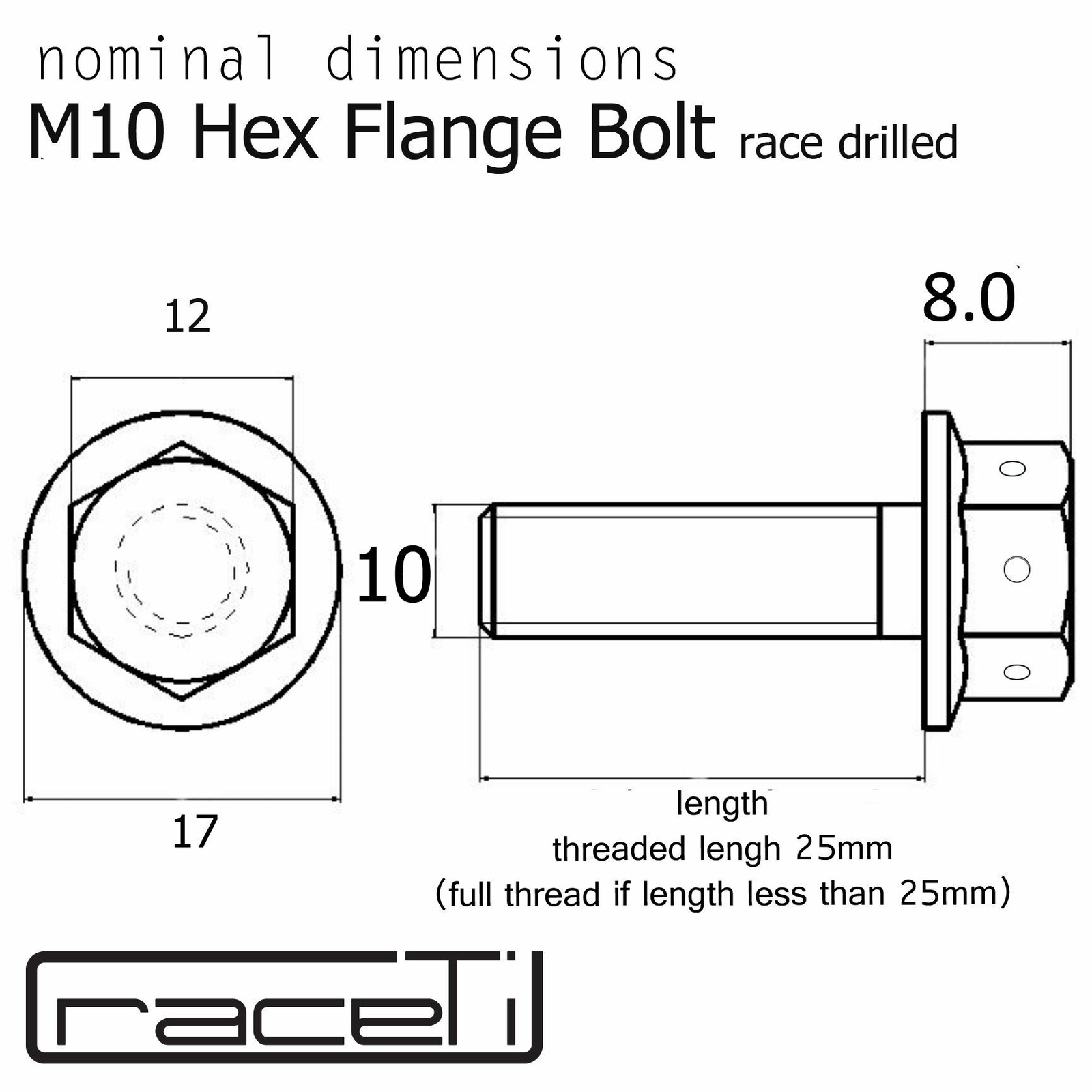 M10 30mm Titanium Ti Hex Head Flange Bolt Race Drilled Lockwire 30 x 1.