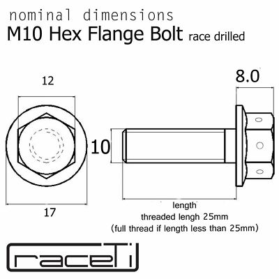 M10 30mm Titan Ti Sechskant Flanschschraube Race Drilled Lockwire 30 x 1.25 Gr5