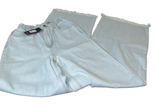 NWT Fashion Nova Showstopper Premium Wide Leg Jeans Sz S Light Frayed Hem