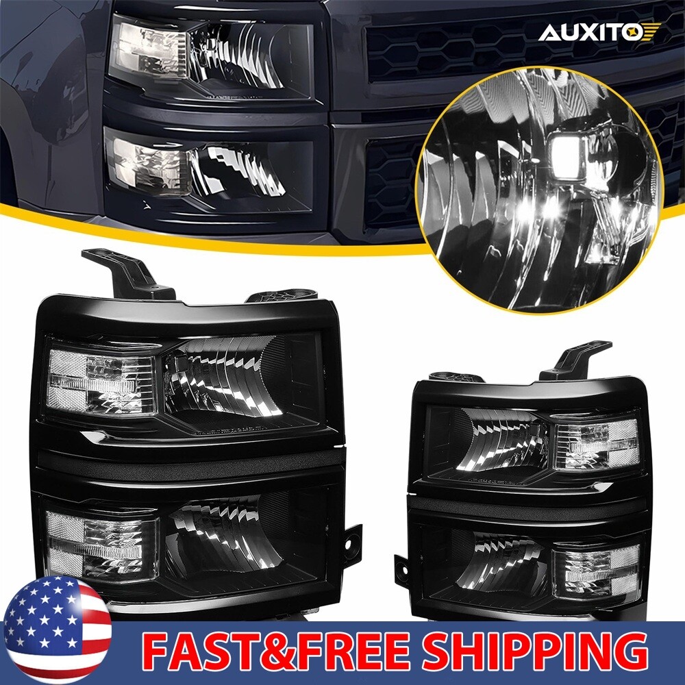For 2014-2015 Chevy Silverado 1500 Pickup Black Headlights Headlamps LH+RH Pair