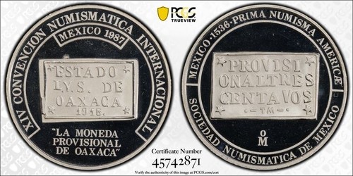 1987 Mo Mexico Numismatic Society Ag 1915 3C Oaxaca Silver Medal PCGS SP68 - 第 1/2 張圖片