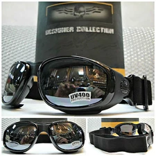 PADDED Biker MOTORCYCLE RIDING GLASSES GOGGLES With Strap Black Frame Dark Lens