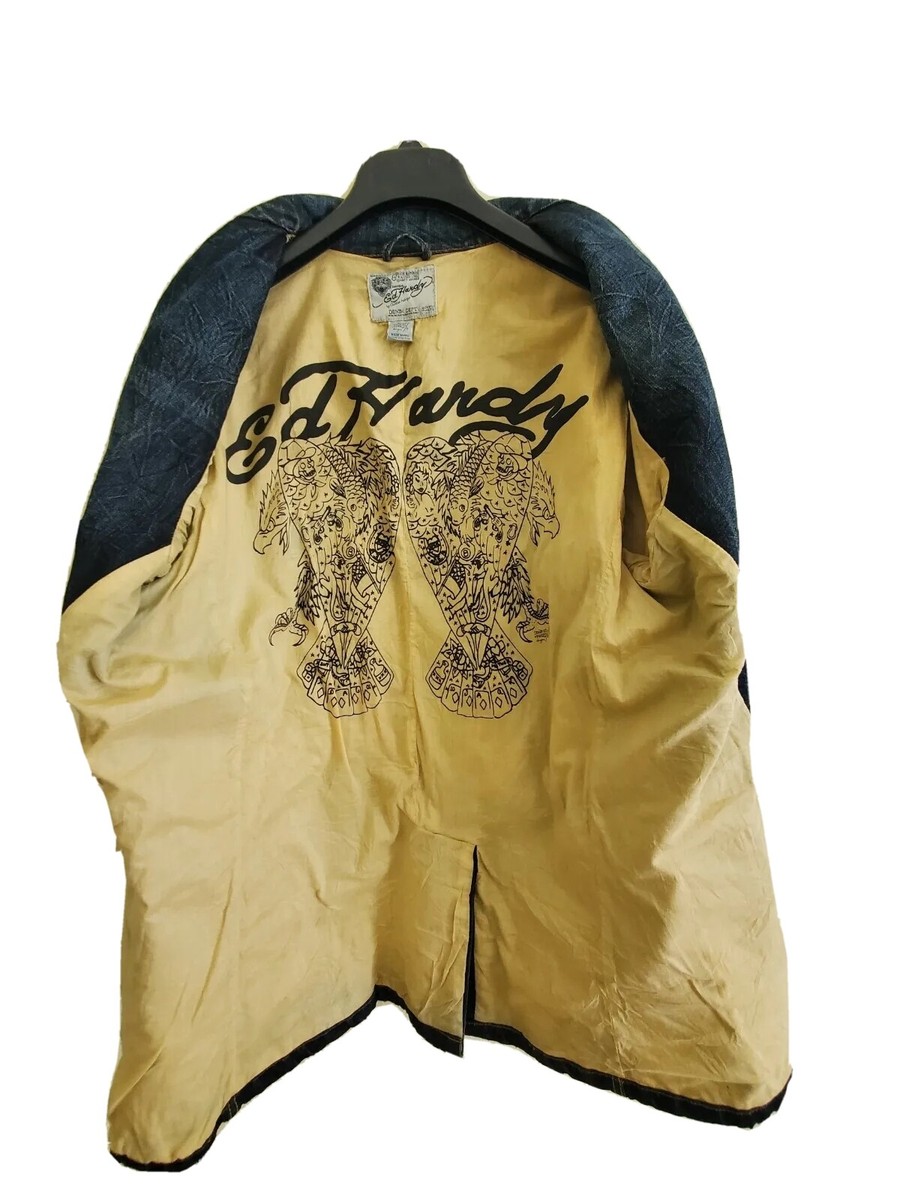 Vintage Ed Hardy Denim Jacket Blazer Eagle Skull Snake Size