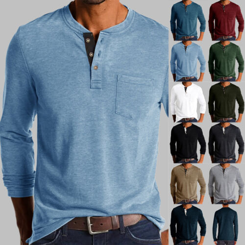 Mens Casual Long Sleeve T-shirt Blouse V Neck Button Solid Tee Shirt Tunic Tops